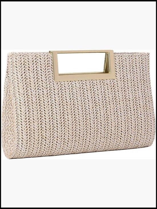 Handbags - Woven Straw Clutch Purse with Chain Strap Summer Beach Bag
